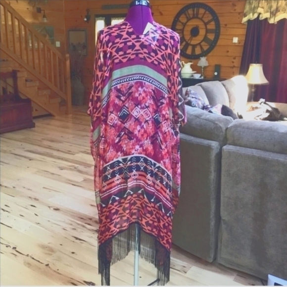 New Kimono Shawl Wrap Scarf Cover Up Atzec Tribal Pattern Fringe NWT - Picture 2 of 8